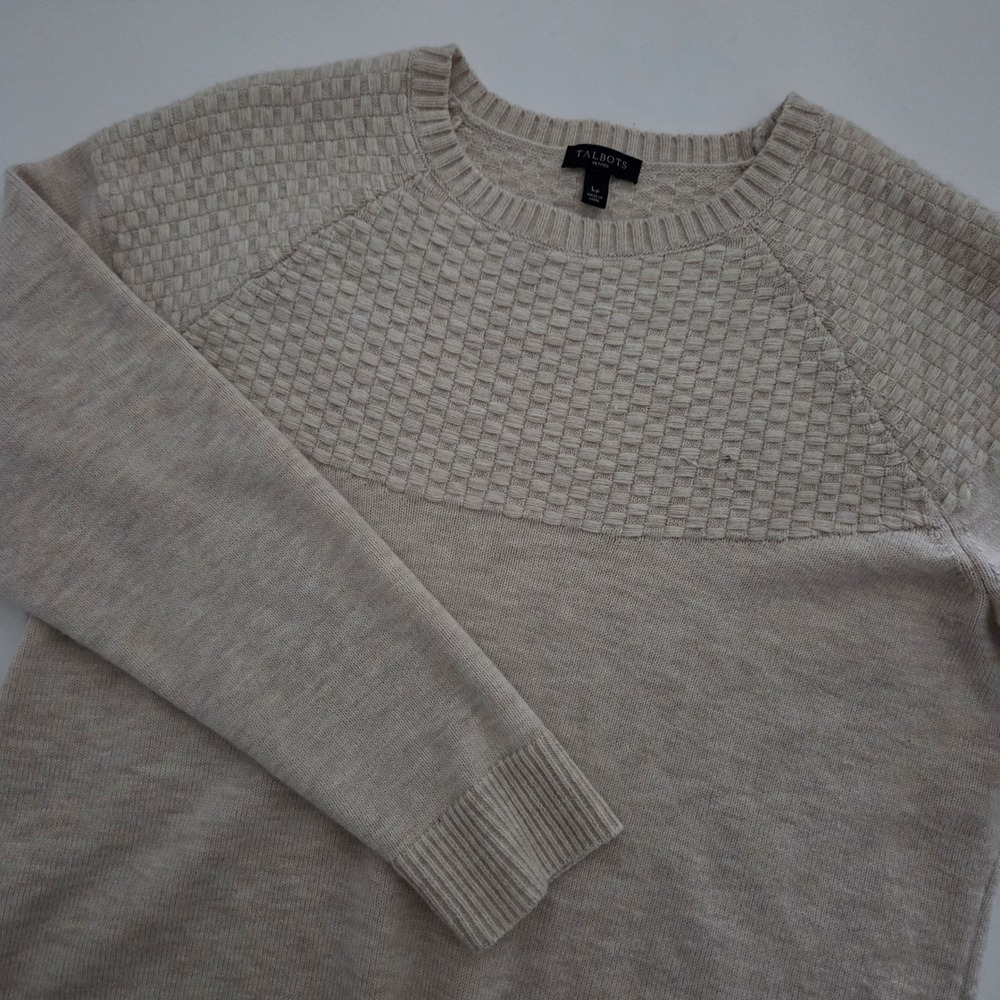 Talbots Cream Textured basket weave Knit Crewneck Sweater Lambswool Blend sz‎ LP